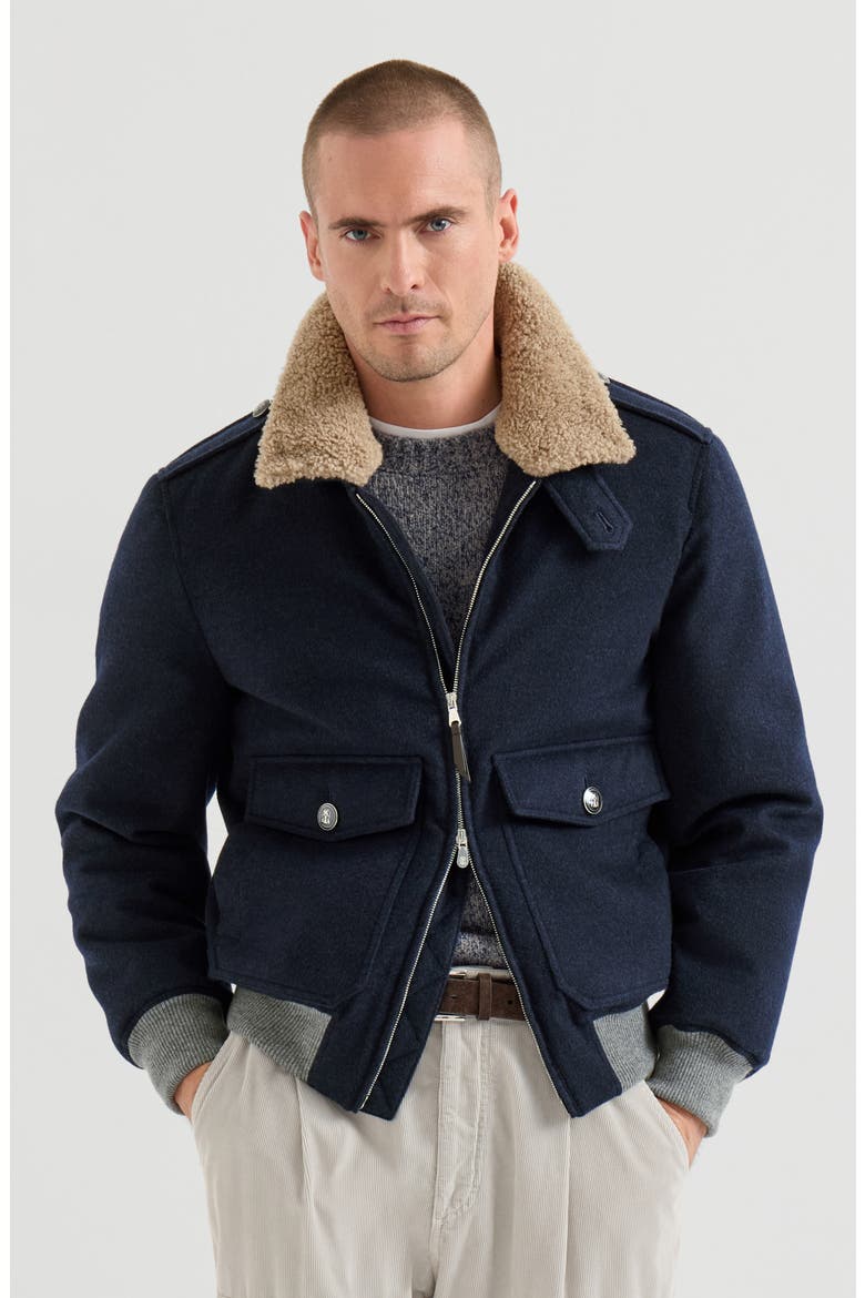 Bonded cashmere beaver cloth bomber jacket with Thermore® padding and detachable shearling collar, Main, color, Blue