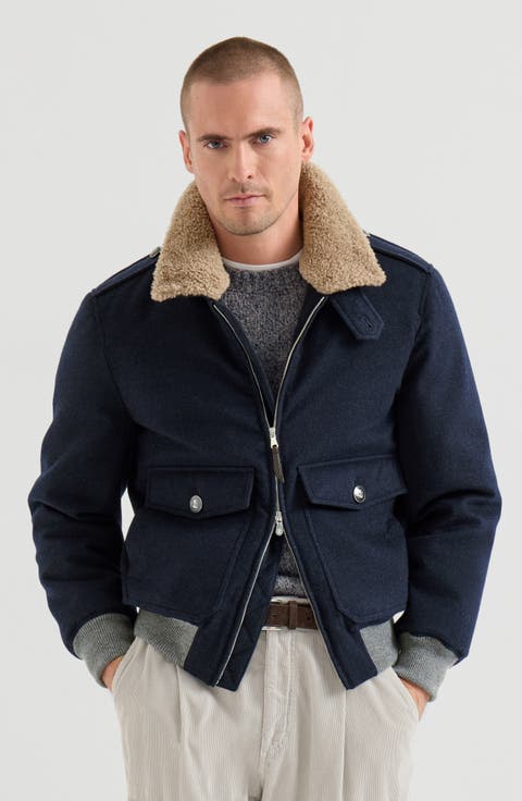 Bonded cashmere beaver cloth bomber jacket with Thermore® padding and detachable shearling collar