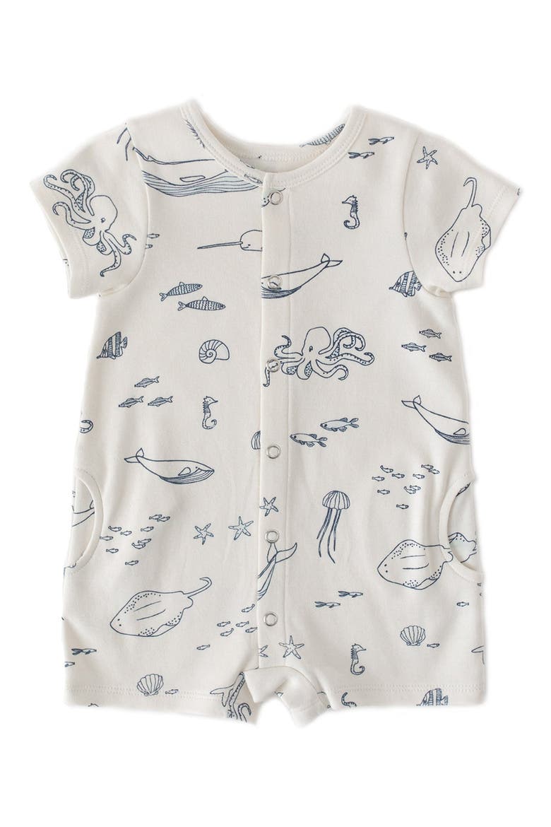 Print Short Sleeve Organic Cotton Romper, Alternate, color, LIFE AQUATIC