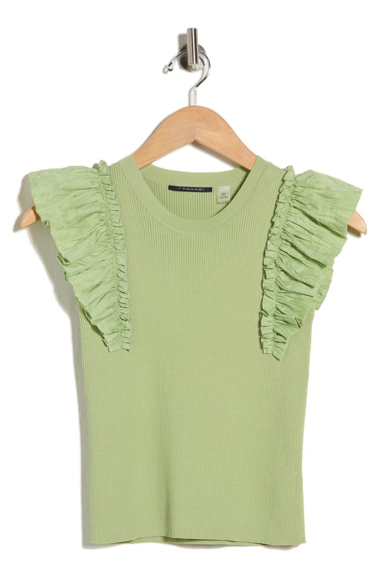Ruffle Mixed Media Rib Sweater, Alternate, color, SOFT MOSS