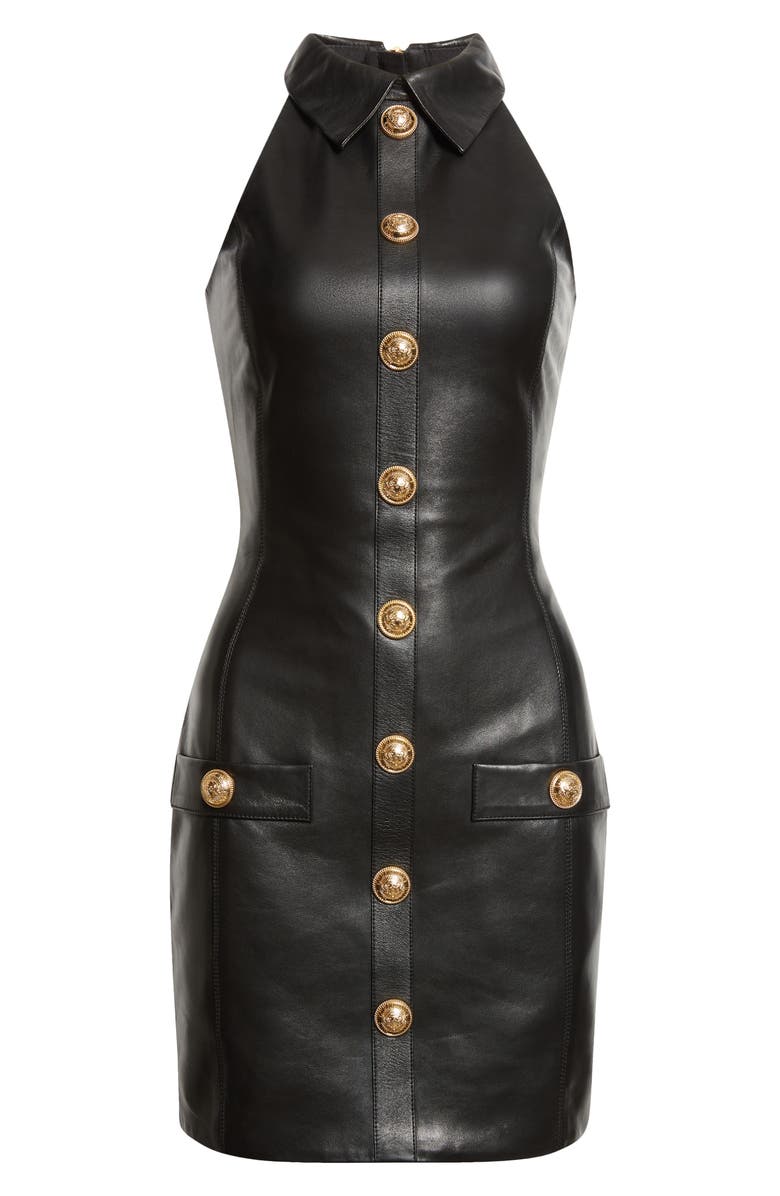 Balmain Halterneck Lambskin Leather Minidress, Alternate, color, Black