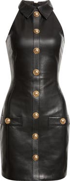 Balmain Halterneck Lambskin Leather Minidress