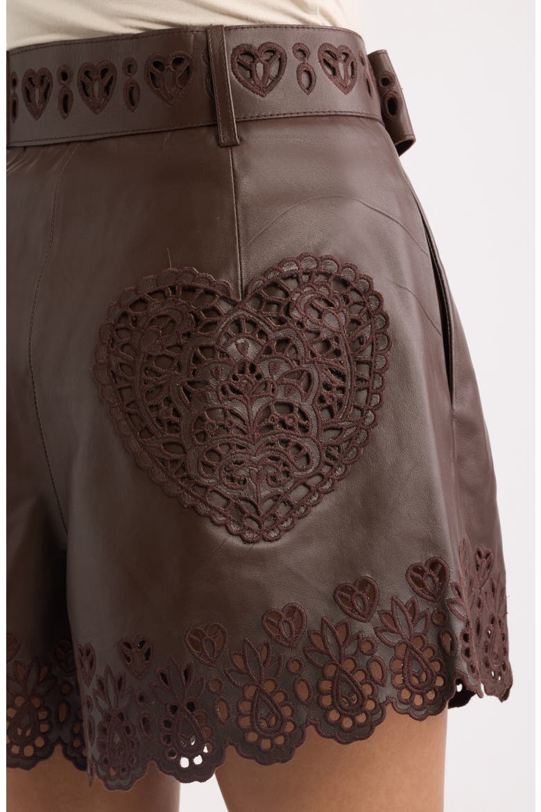 Hearts Cutout Belted Leather Shorts, Alternate, color, BROWN
