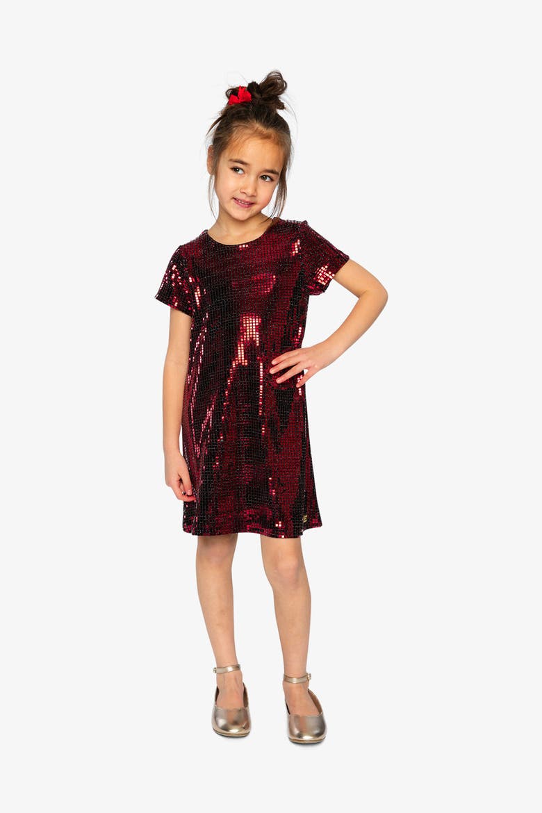 Short Sleeve Lurex Jersey Polyknit A-Line Dress, Alternate, color, Rouge