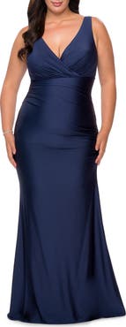 La Femme Simple Jersey Plus Size Gown with Faux Wrap Bodice