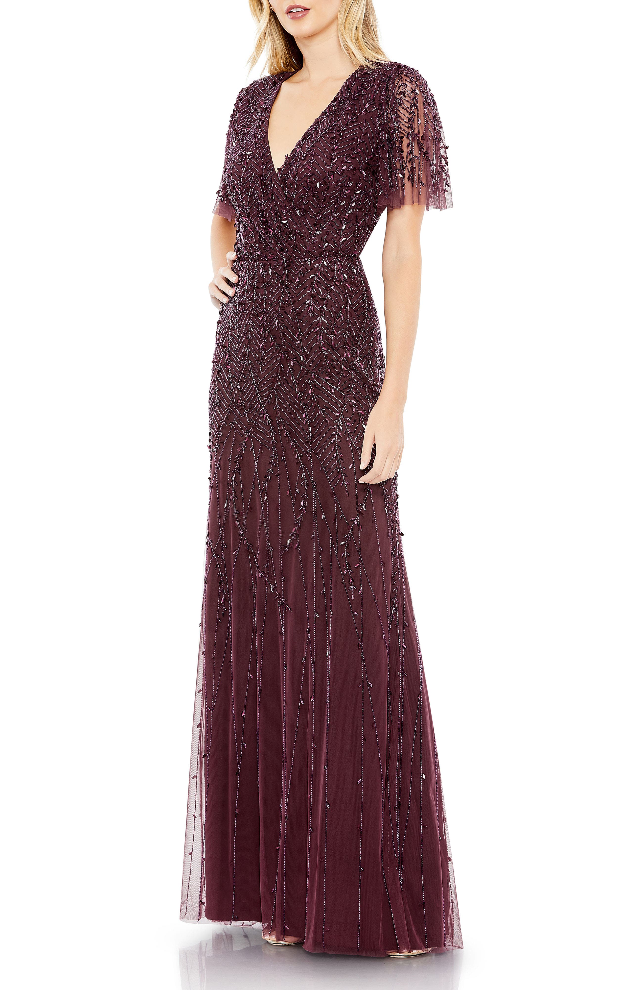 Women's Embellished Flutter Sleeve Evening Gown - image 3