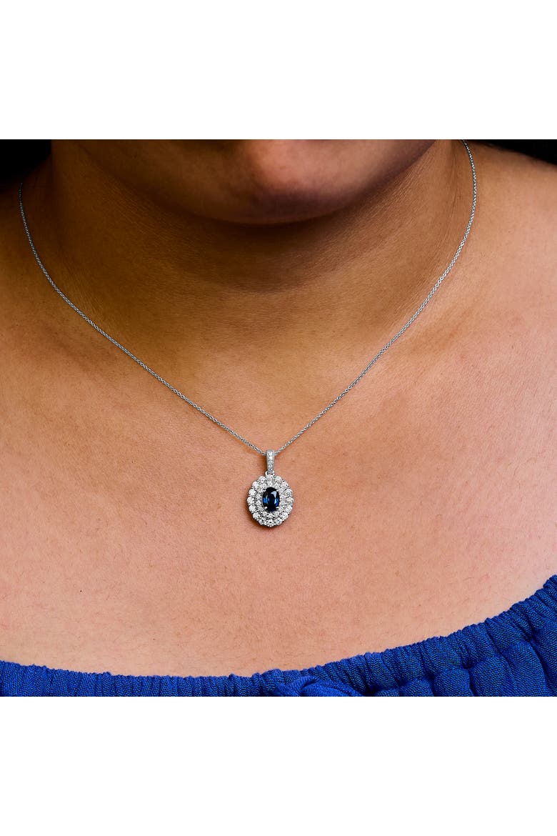 14K White Gold Oval Blue Sapphire and 3/4 Cttw Diamond Halo Pendant Necklace, Alternate, color, White
