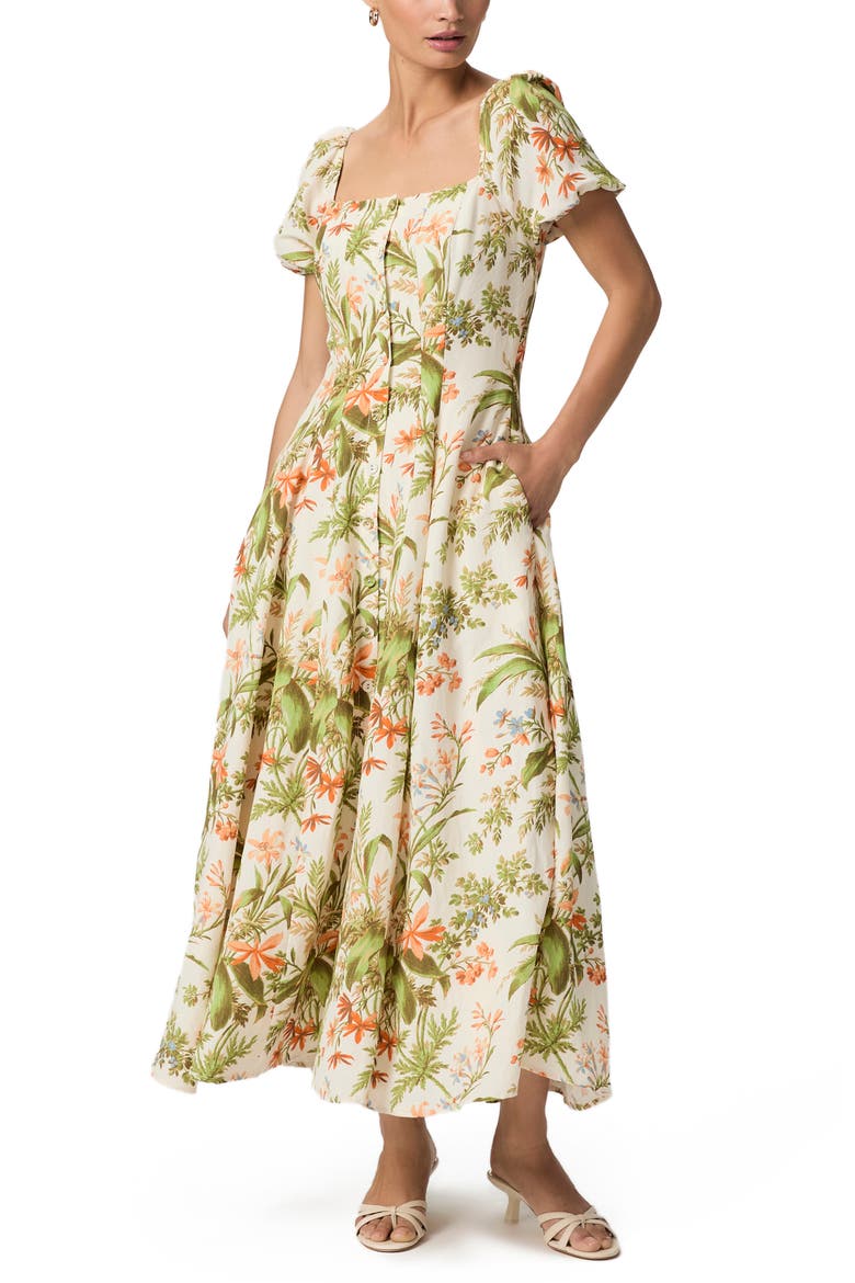 Lindi Floral Puff Sleeve Button Front Silk & Linen Maxi Dress, Alternate, color, OYSTER WHITE MULTI