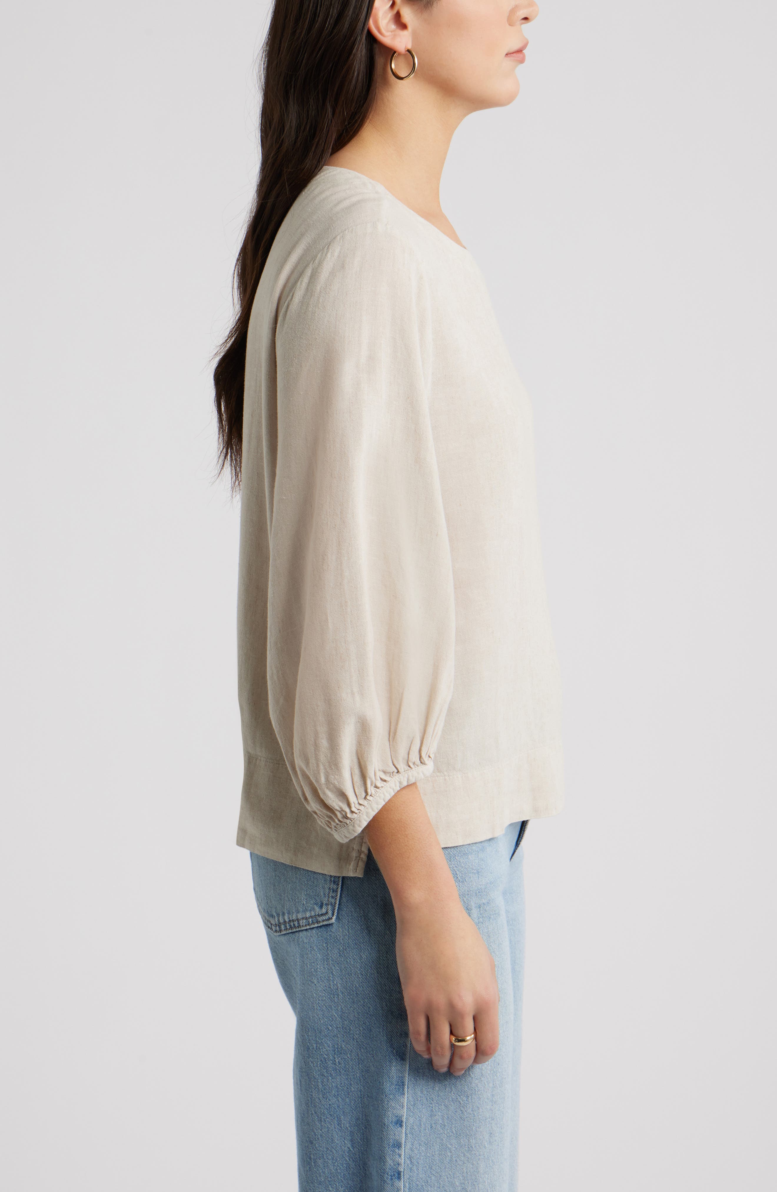 Caslon® Balloon Sleeve Linen Blend Top (Women) | Nordstrom