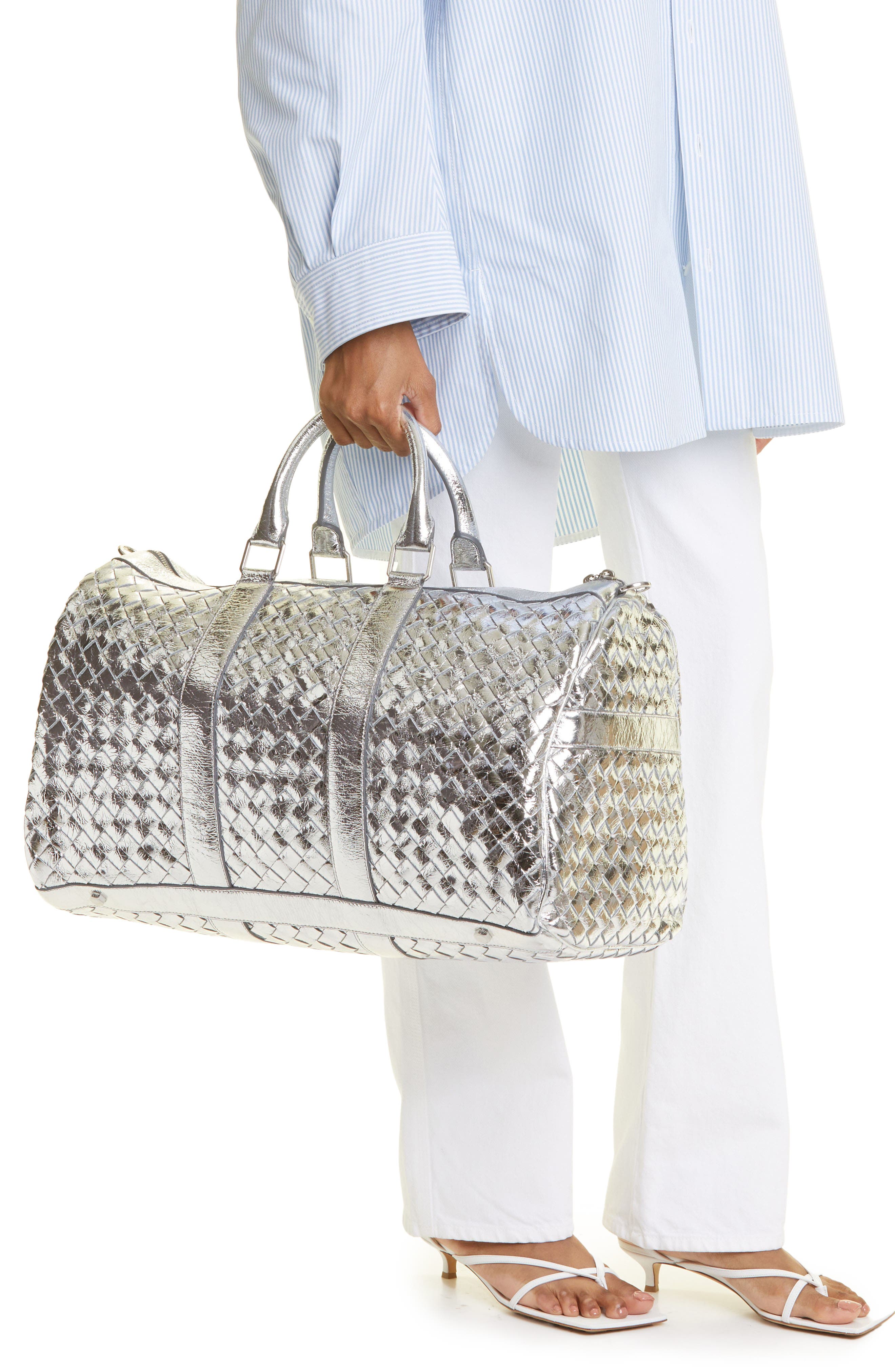 Bottega Veneta Medium Intrecciato Metallic Leather Duffle Bag, Alternate, color, 
