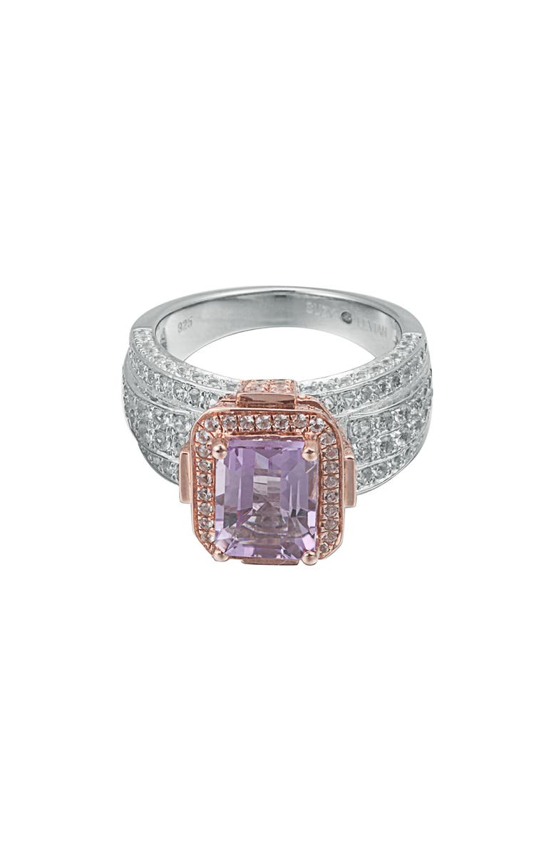 SUZY LEVIAN Two-Tone Emerald Cut Semiprecious Stone & White Topaz Halo Ring, Alternate, color, Pink