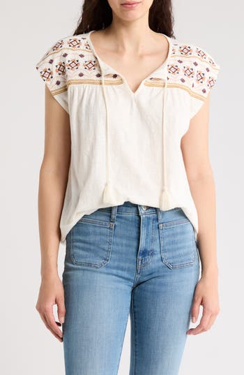 Shop Lucky Brand Embroidered Cotton Split Neck Top In Whisper White