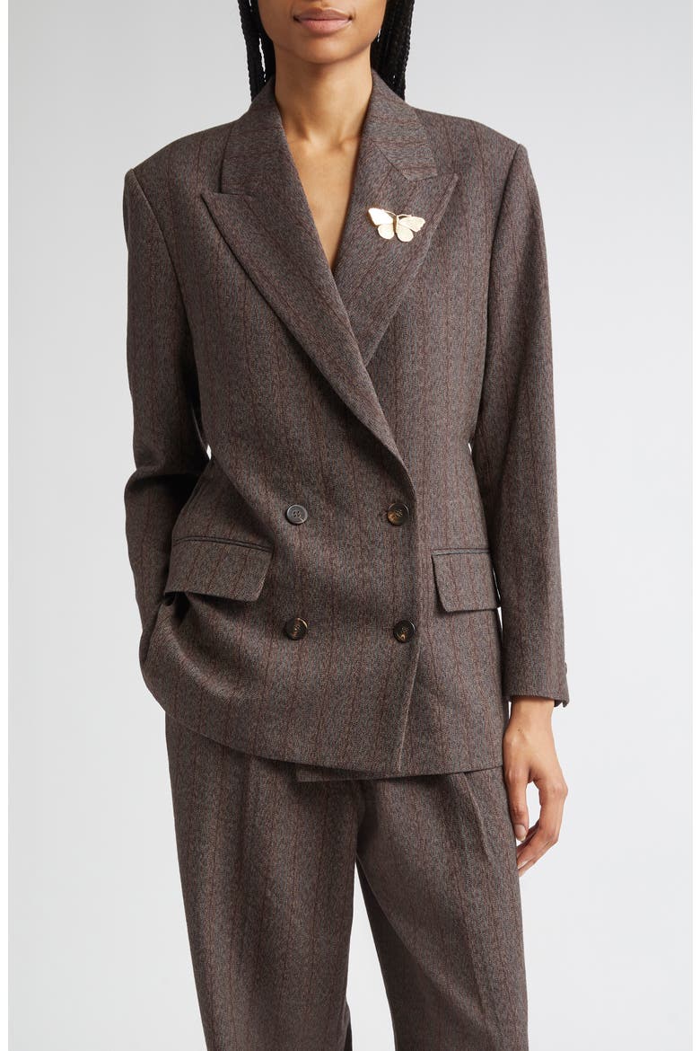 Journey Double Breasted Pinstripe Virgin Wool Blazer, Main, color, COCOA BROWN/ TURQUOISE