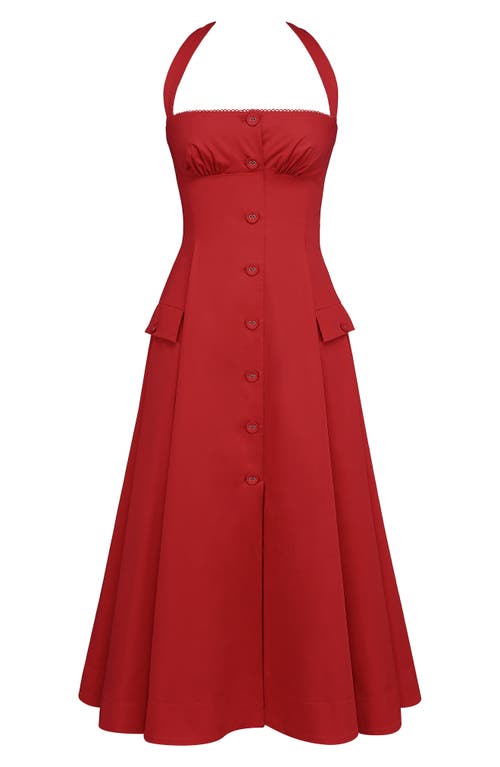 House Of Cb Of Cb Womens Claudia Halterneck Stretch-cotton Midi Dress Red In Red