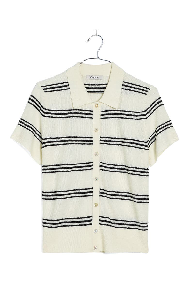 Stripe Knit Short Sleeve Button-Up Shirt, Alternate, color, BRIGHT IVORY