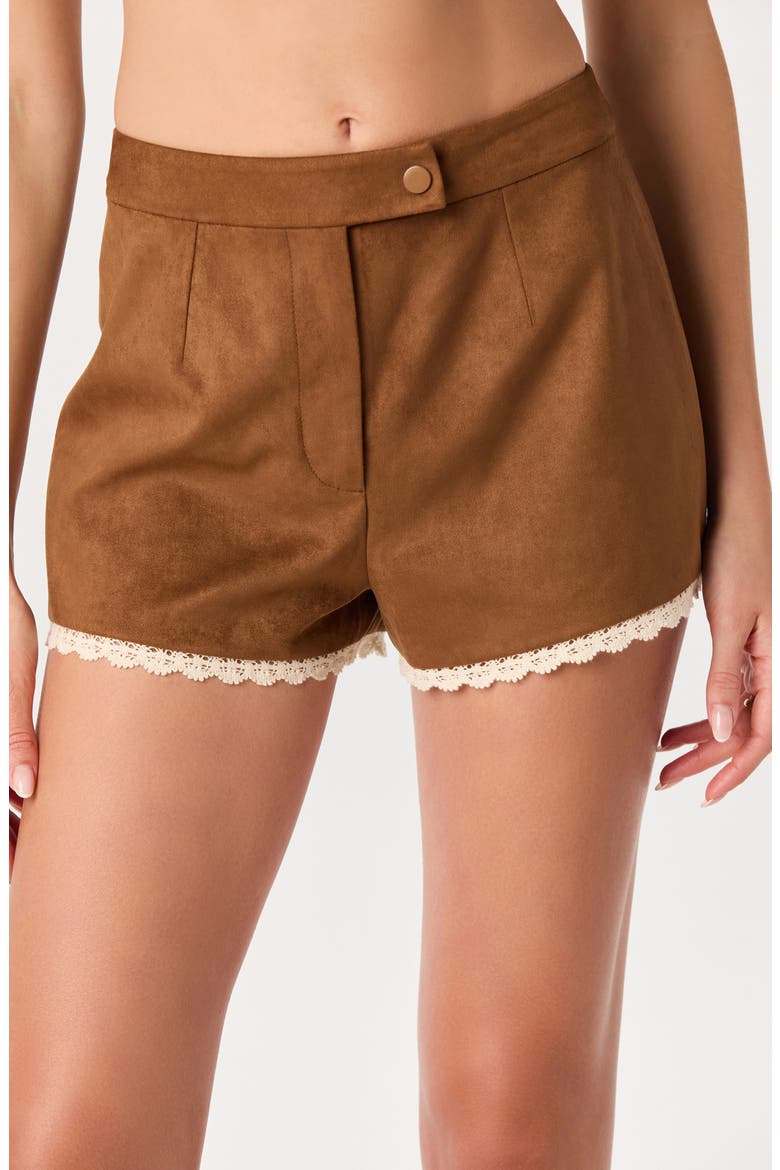 Kya Lace Trim Faux Suede Shorts, Alternate, color, CHESTNUT
