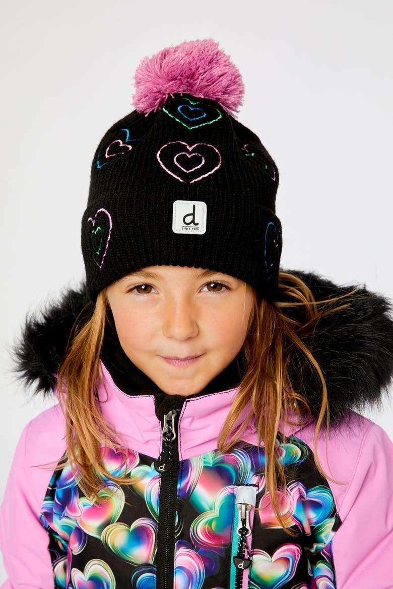 Winter Embroidered Heart Fleece-Lined Pompom Knit Hat, Alternate, color, Black, Mauve and Blue