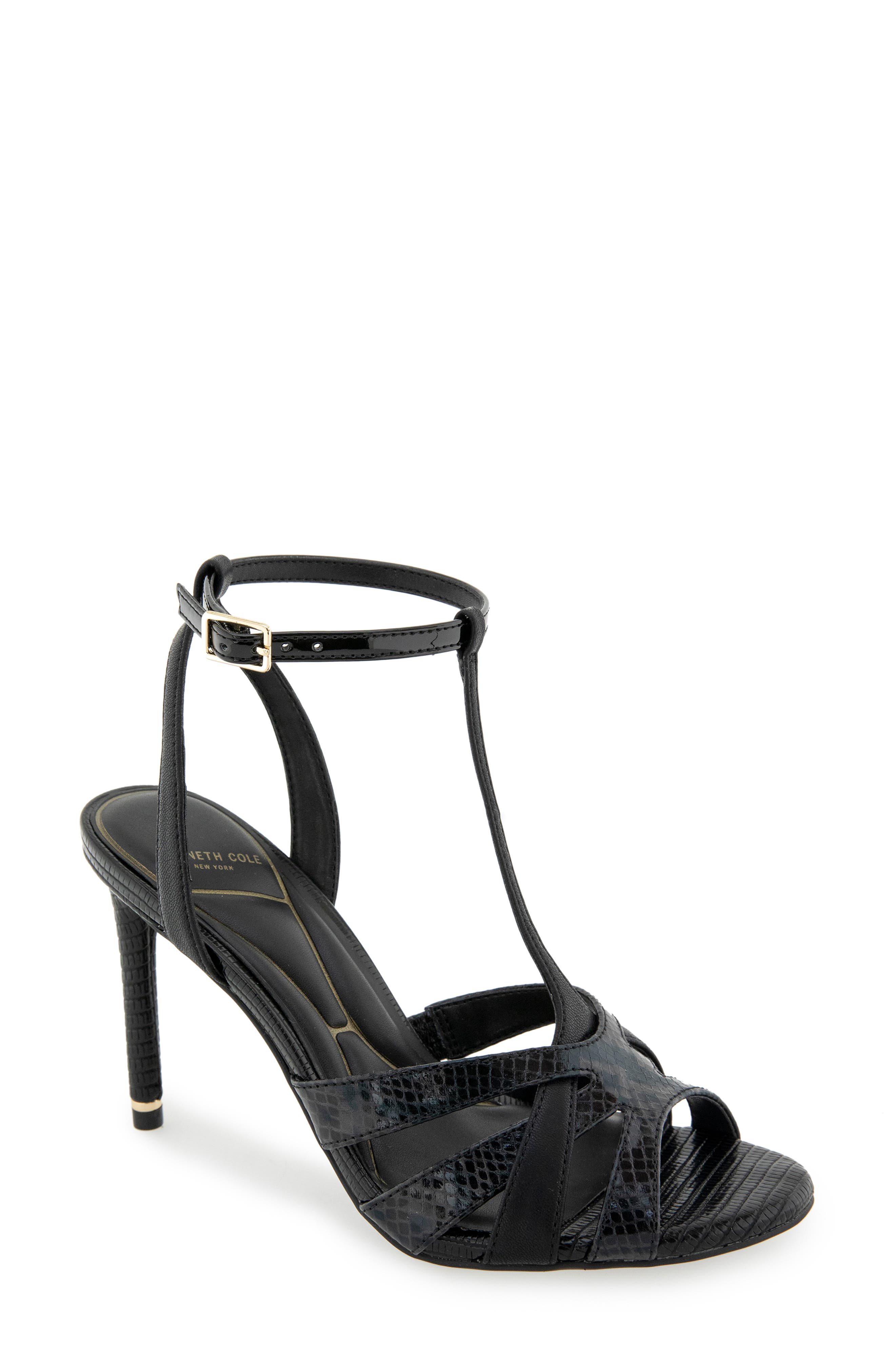 Kenneth Cole Liona Embossed T-Strap Sandal, Main, color, Black Postal Snake