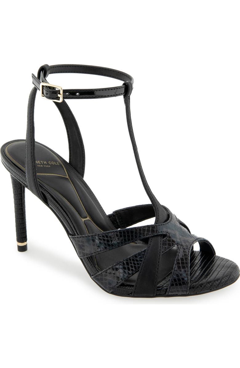 Kenneth Cole Liona Embossed T-Strap Sandal, Main, color, Black Postal Snake
