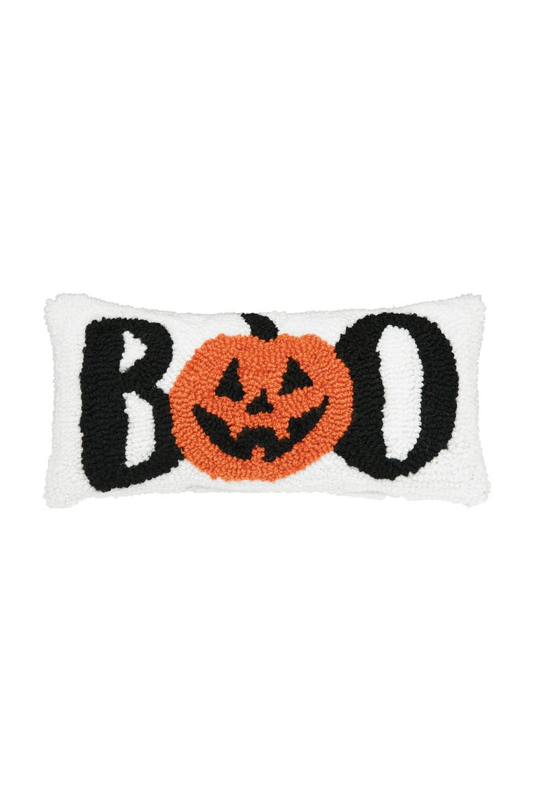 "Boo" Jack O' Lantern Hooked Halloween Petite Accent Pillow 6" x 12", Main, color, White
