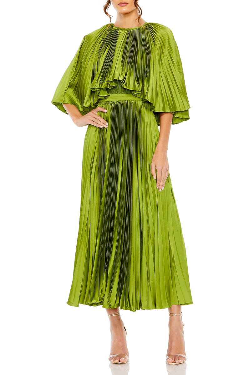 Mac Duggal Pleated Capelet Tea-Length Dress, Main, color, Apple Green