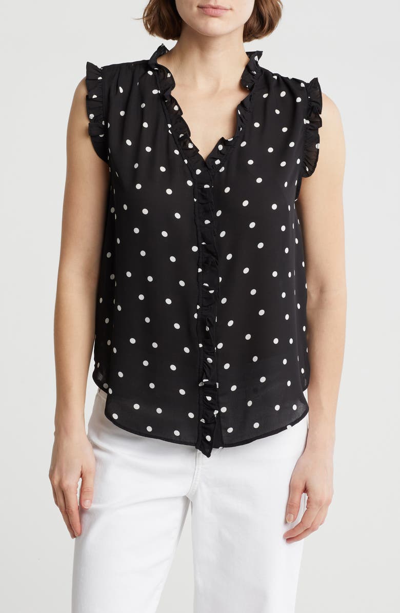 T Tahari Ruffle Sleeveless Top, Main, color, Black/ White Dot