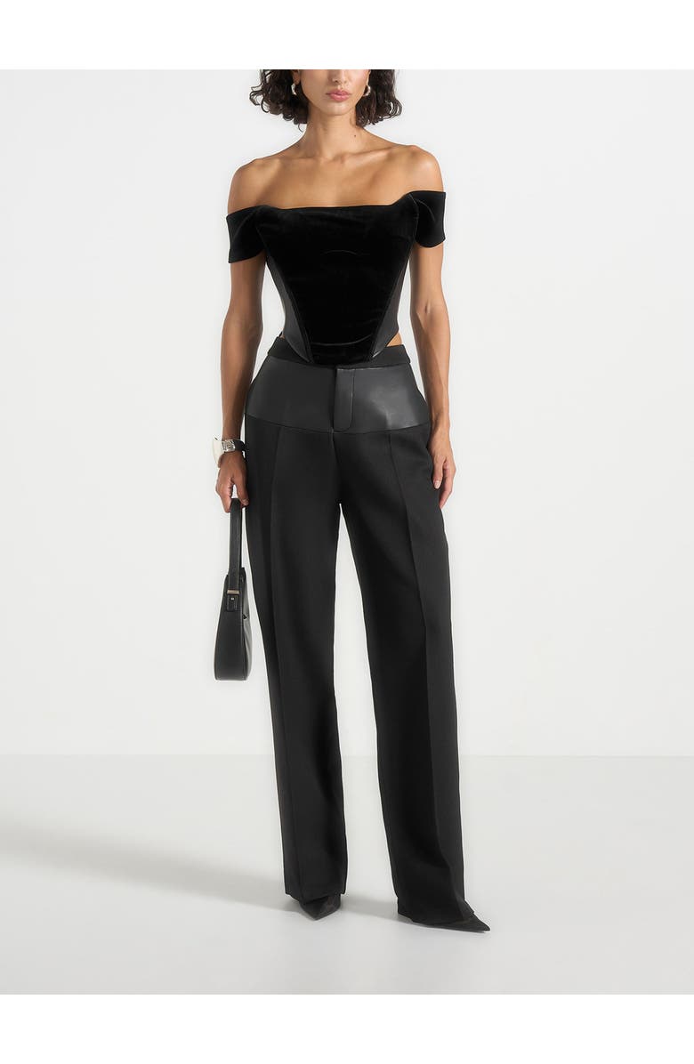 Manière De Voir Fae Velvet & Leather Bardot Corset Top, Alternate, color, Black