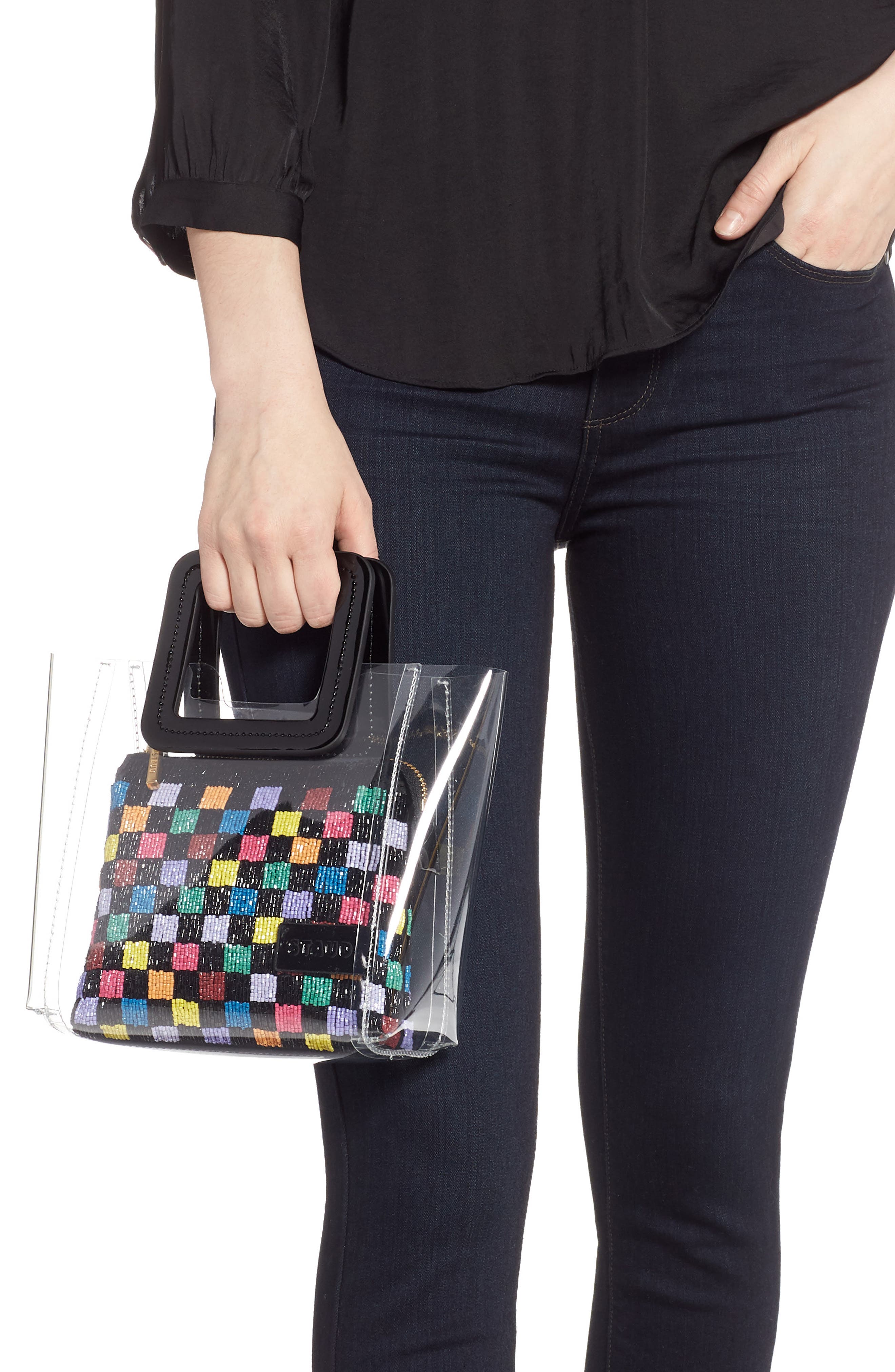 STAUD Mini Shirley Beaded Transparent Handbag, Alternate, color, 
