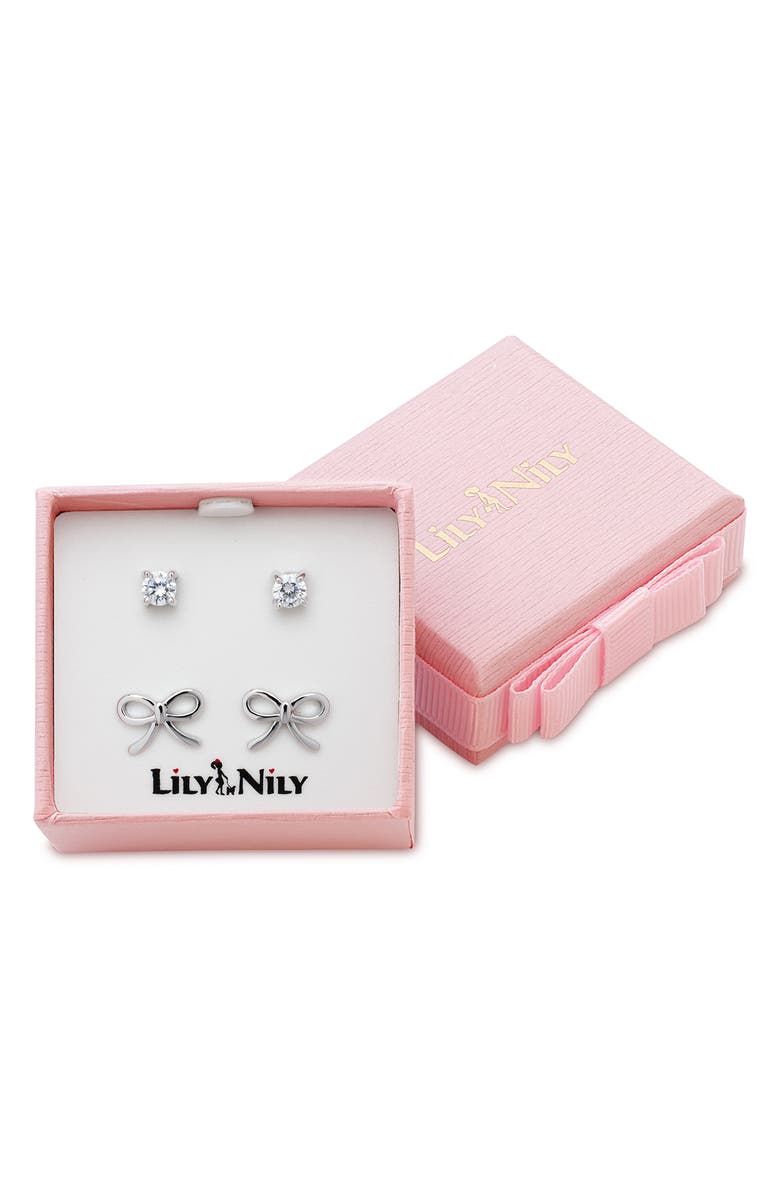 Lily Nily Kids' Bow & Cubic Zirconia Stud Earrings Set, Alternate, color, Silver