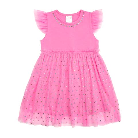 Raspberry Rhinestone Short Sleeve Tutu Dress (Baby, Toddler & Little Kid)