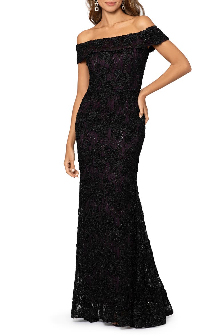 Off the Shoulder Sequin Lace Trumpet Gown, Main, color, BLACK/ PLUM