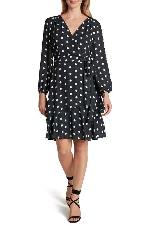 Tahari Polka Dot Long Sleeve Chiffon Dress In Black