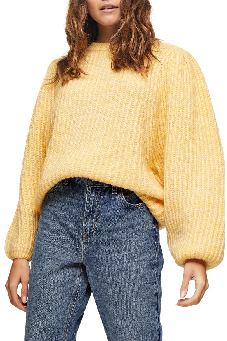 Balloon Sleeve Crewneck Sweater, Main, color, YELLOW