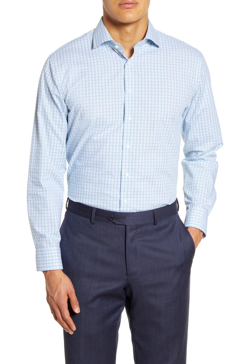 Trim Fit Non-Iron Plaid Dress Shirt, Main, color, TEAL SCUBA