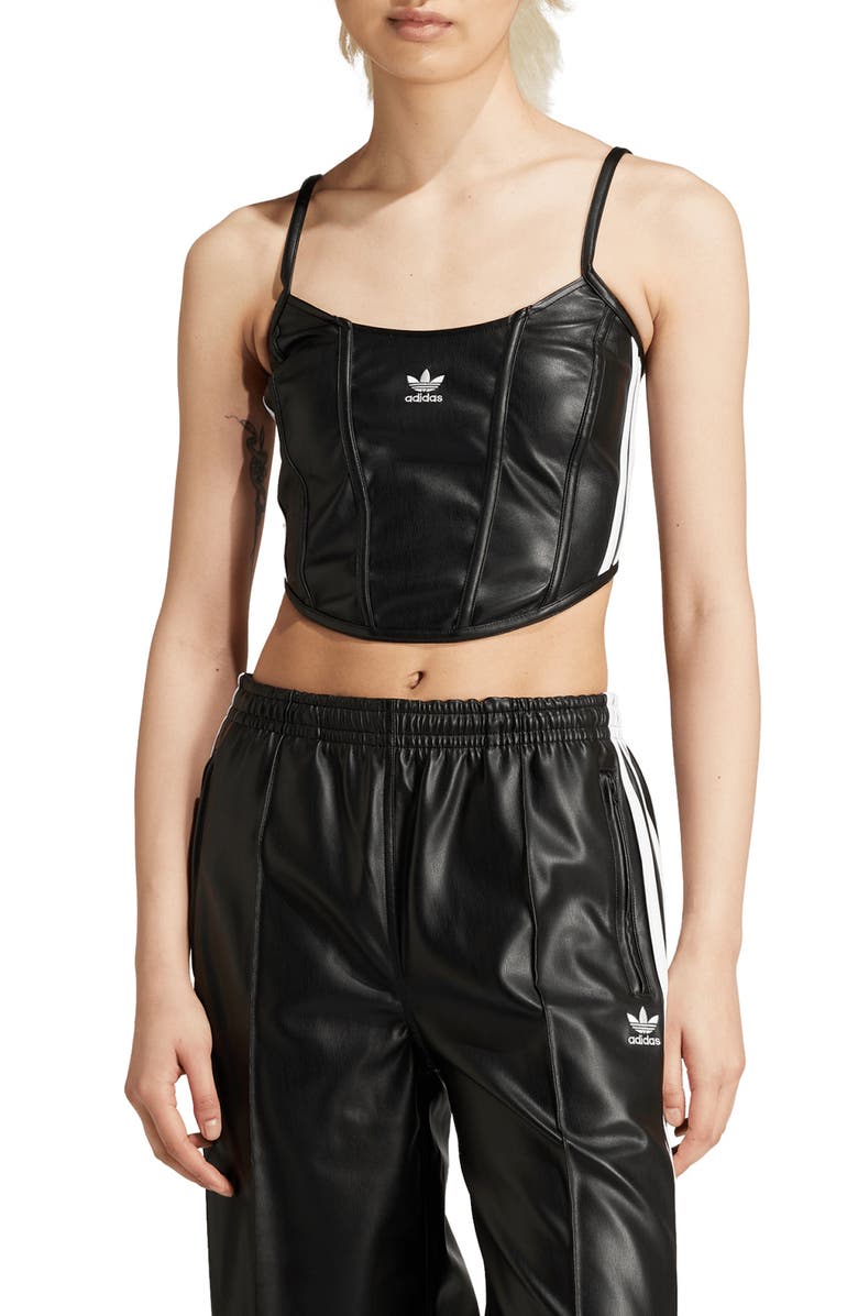 adidas Originals Firebird Faux Leather Crop Corset Camisole, Main, color, 
