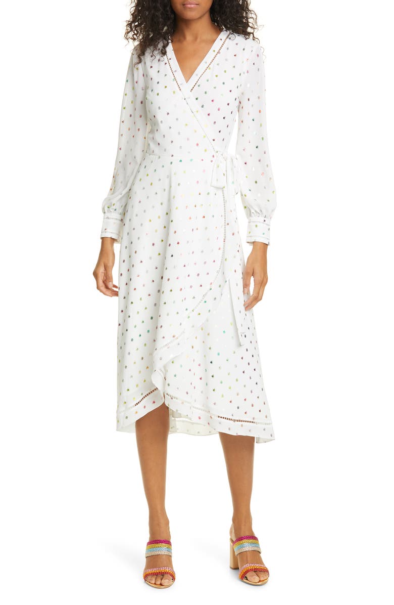 Ted Baker London Tansie Metallic Dot Long Sleeve Wrap Dress, Main, color, Ivory