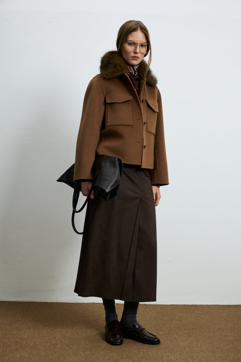 Women's Wool-blend Button-front Shirt Jacket With Removable Fur Collar, Alternate, color, Camel