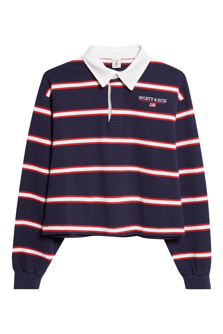 Nautical Embroidered Stripe Crop Rugby Polo, Alternate, color, DARK NAVY/ WHITE/ RUBY