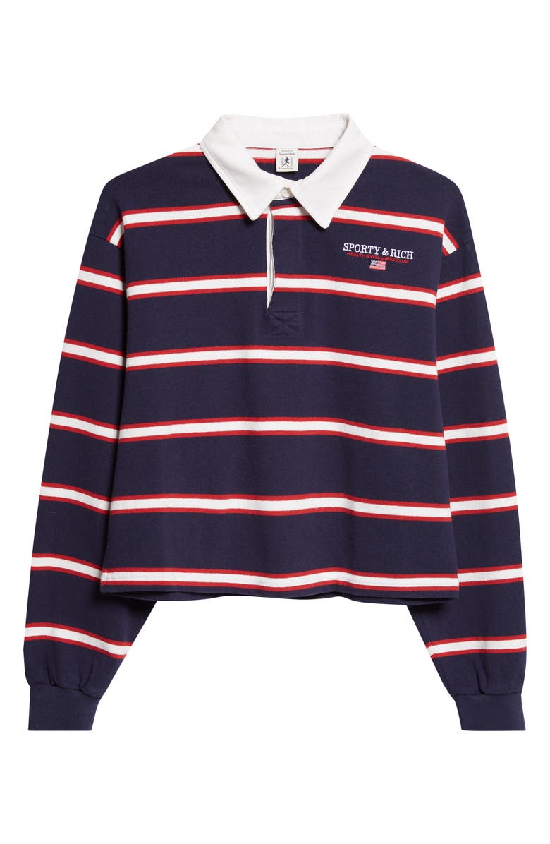 Sporty & Rich Nautical Embroidered Stripe Crop Rugby Polo, Alternate, color, Dark Navy/ White/ Ruby