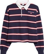 Sporty & Rich Nautical Embroidered Stripe Crop Rugby Polo