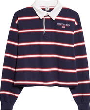 Sporty & Rich Nautical Embroidered Stripe Crop Rugby Polo