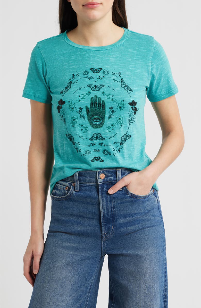 Lucky Brand Hamsa Butterfly Frame Cotton Graphic T-Shirt, Main, color, Baltic