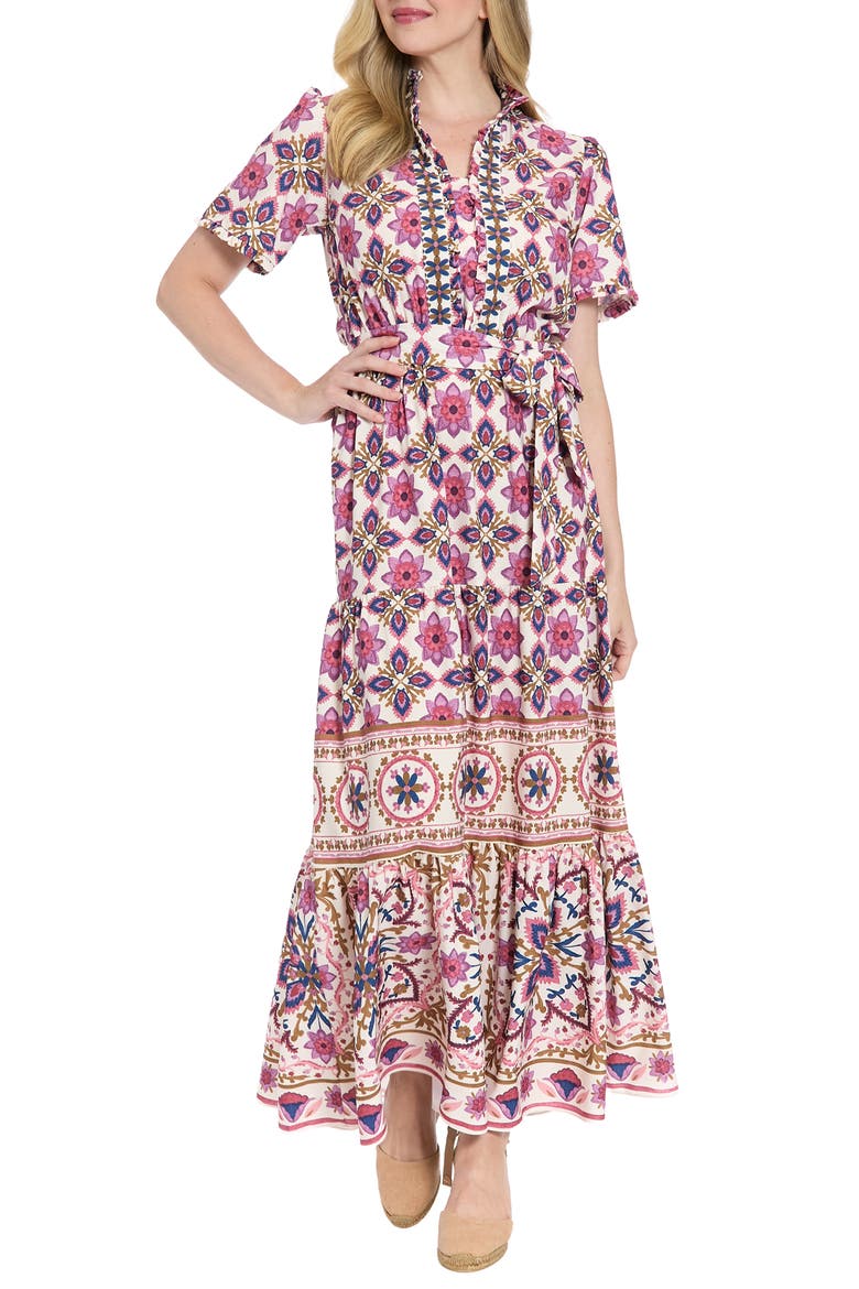 Floral Short Sleeve Tie Waist Tiered Maxi Dress, Main, color, CREAM/ ROSE WINE