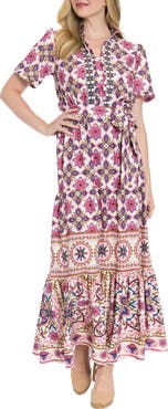 London Times Floral Short Sleeve Tie Waist Tiered Maxi Dress