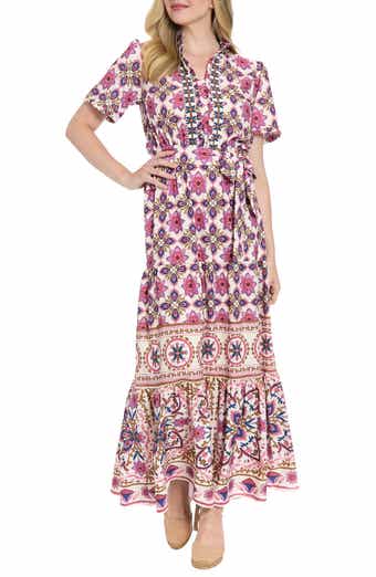 London Times Floral Short Sleeve Tie Waist Tiered Maxi Dress
