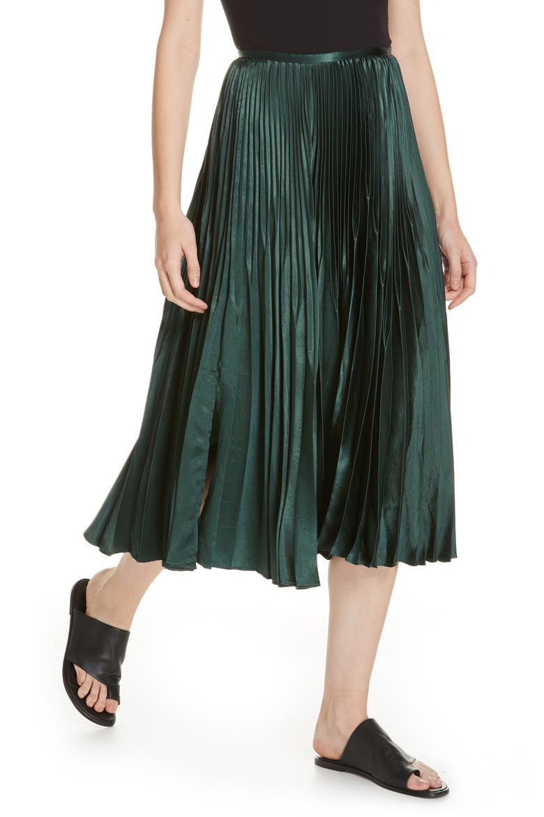 Chevron Pleated Satin Skirt, Alternate, color, FOREST