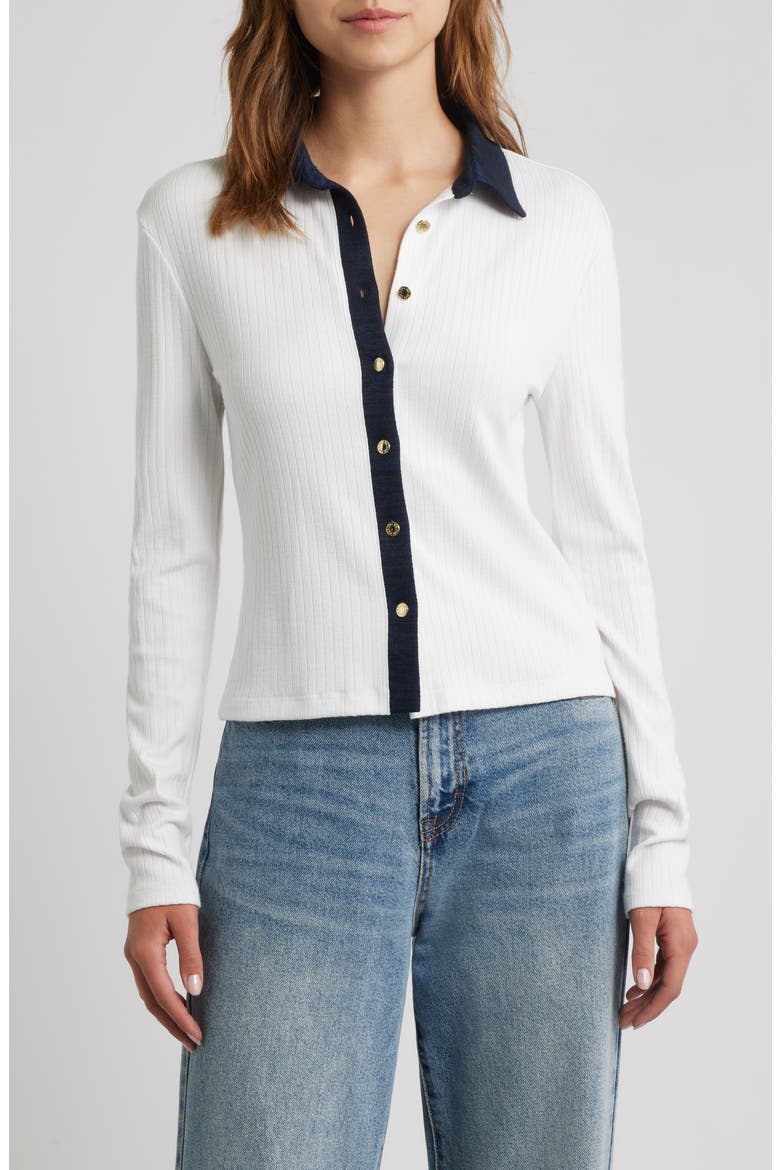 Contrast Trim Rib Button-Up Shirt, Main, color, WHITE