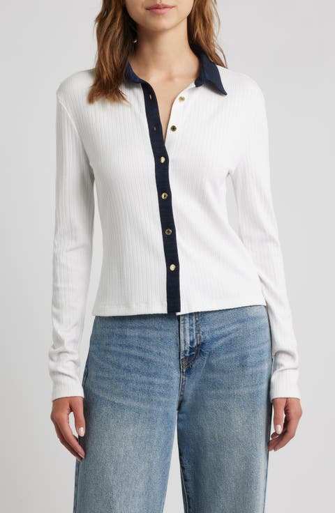 Contrast Trim Rib Button-Up Shirt