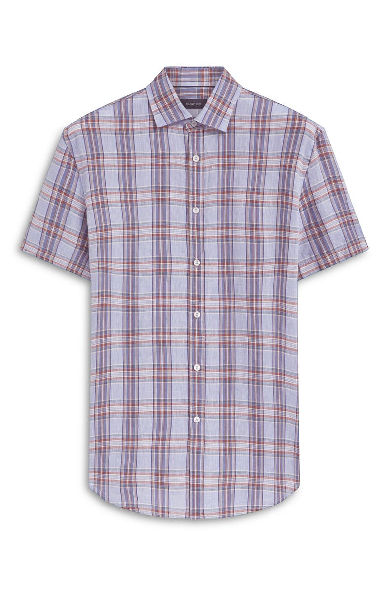 Bugatchi Plaid Short Sleeve Linen Button-Up Shirt, Alternate, color,