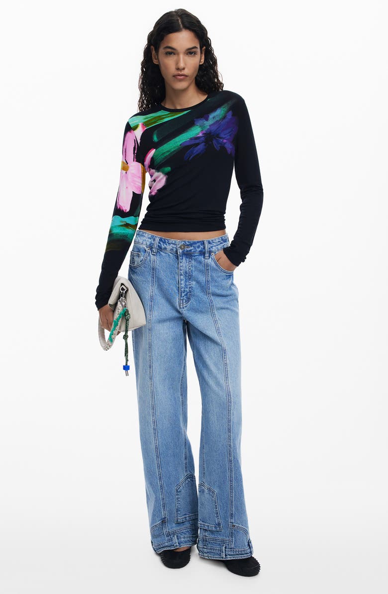 Desigual Floral Fine Gauge Crewneck Sweater, Alternate, color, Black